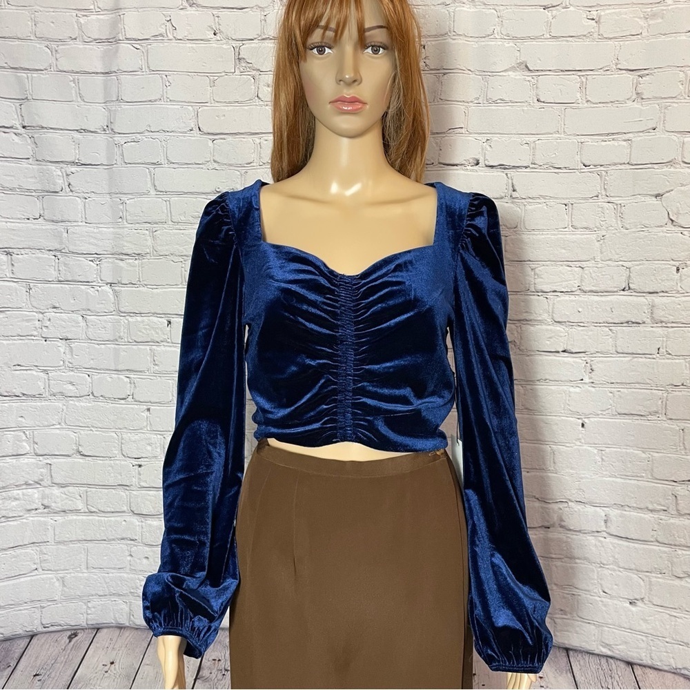 NWT New Lily White Blue Velvet Ruched Long Sleeve Top Size L